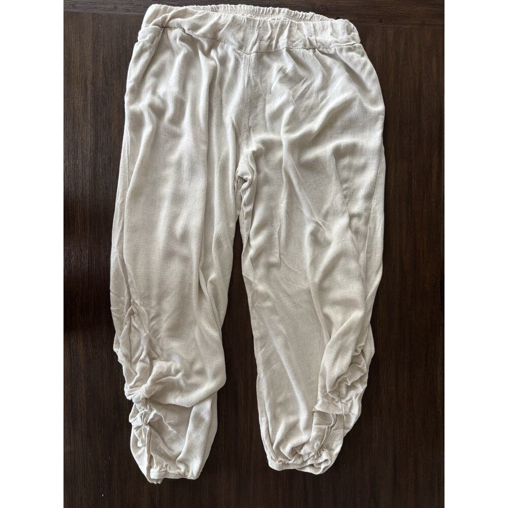 Et 'Lois Pants Women’s XL Barrel Leg Beige Cropped Gathered Rayon Linen